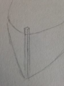 Dessin de l’avant de la barque avec ligne verticale et courbes pour former la proue.