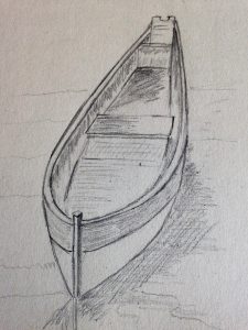 Ombres renforcées au crayon sur une barque dessinée en perspective pour créer du volume et du réalisme.
