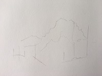 Traits verticaux servant de repères pour placer les sapins dans un paysage de montagne