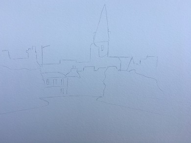 Dessin simple de bâtiments éloignés pour paysage à l’aquarelle