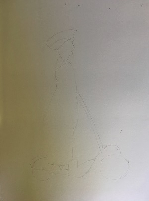croquis des contours d’une femme sur une trottinette avec repères de proportions