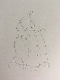 dessin au crayon d’une veste en jean vue de face, contours et détails visibles