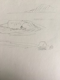 Croquis simple pour préparer une vague à l’aquarelle avec ligne d’horizon et rochers