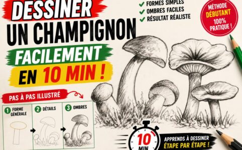 Apprendre à dessiner un champignon facilement en 10 minutes avec formes simples, ombres et hachures au crayon pour débutant