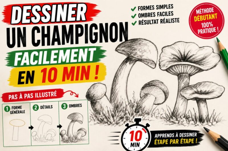 Apprendre à dessiner un champignon facilement en 10 minutes avec formes simples, ombres et hachures au crayon pour débutant