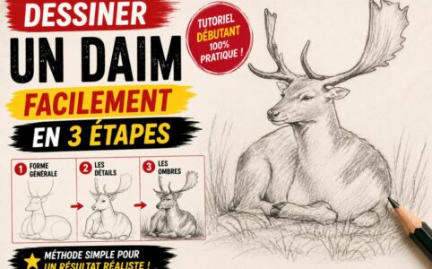 Dessiner un daim facilement en 3 étapes avec formes simples, bois réalistes et ombres au crayon pour débutant
