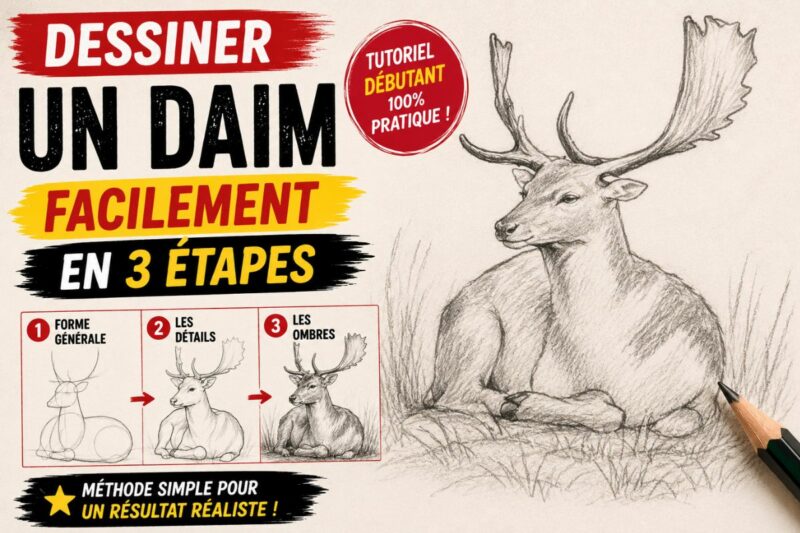 Dessiner un daim facilement en 3 étapes avec formes simples, bois réalistes et ombres au crayon pour débutant