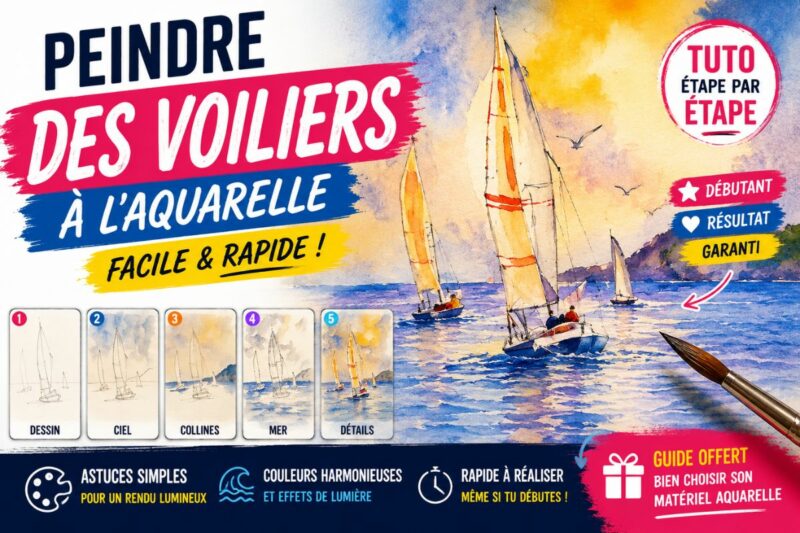 Peindre des voiliers à l’aquarelle facilement avec ciel lumineux, mer et reflets pour débutants