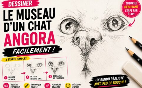 Dessiner le museau d’un chat angora facilement avec regard réaliste, ombres et hachures au crayon pour débutant