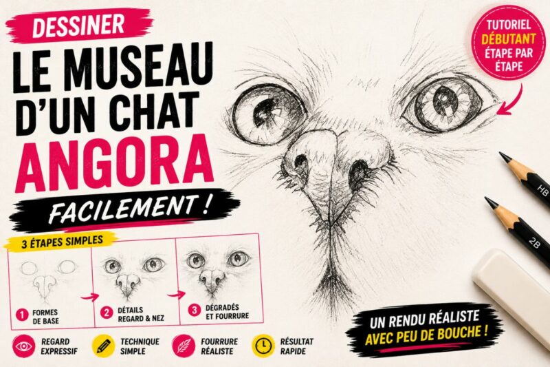 Dessiner le museau d’un chat angora facilement avec regard réaliste, ombres et hachures au crayon pour débutant