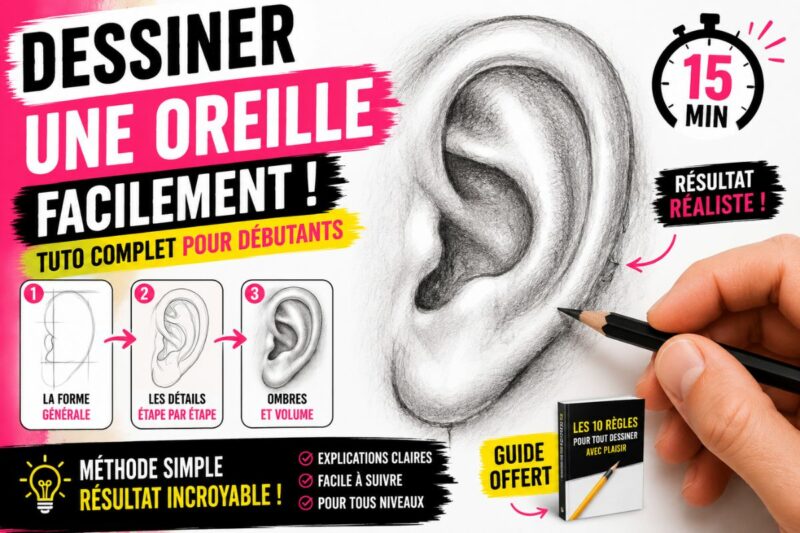Dessiner une oreille facilement au crayon avec ombres, volumes et méthode simple pour débutants