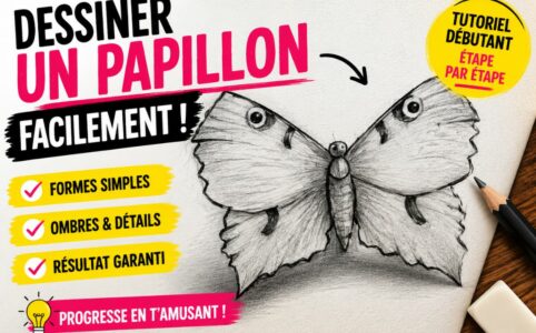 Dessiner un papillon facilement étape par étape avec formes simples, symétrie et ombres au crayon pour débutant