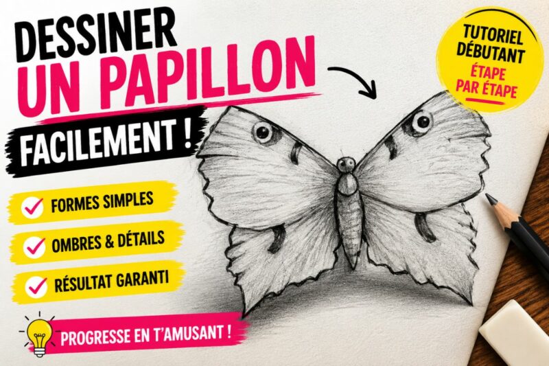 Dessiner un papillon facilement étape par étape avec formes simples, symétrie et ombres au crayon pour débutant