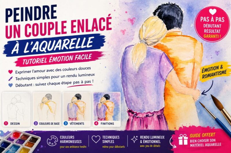 Peindre un couple enlacé à l’aquarelle avec couleurs douces, silhouettes romantiques et ambiance émotionnelle pour débutants