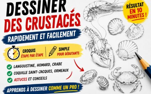 Dessiner des crustacés facilement avec homard, crabe, langoustine et coquillages au crayon pour débutants