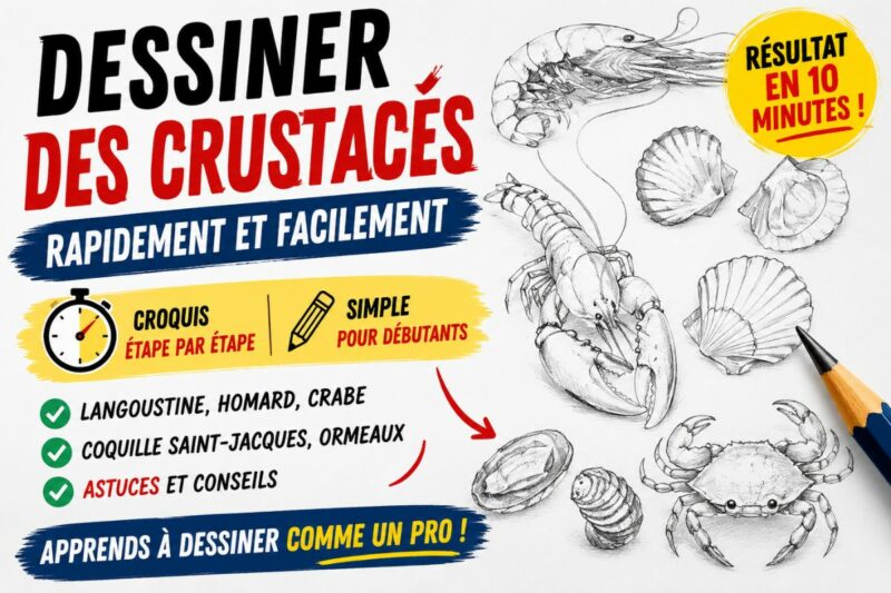 Dessiner des crustacés facilement avec homard, crabe, langoustine et coquillages au crayon pour débutants