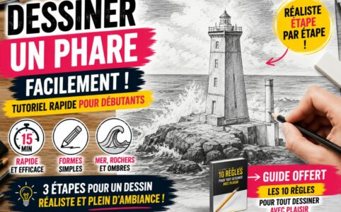 Dessiner un phare facilement au crayon avec mer, rochers, perspective et hachures pour débutants