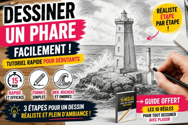 Dessiner un phare facilement au crayon avec mer, rochers, perspective et hachures pour débutants