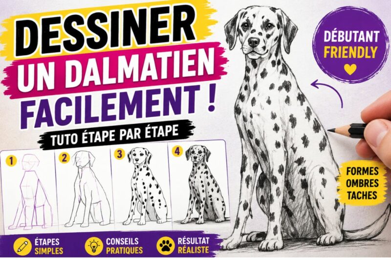 Dessiner un dalmatien facilement grâce à un tutoriel débutant pas à pas avec formes simples, taches réalistes et ombres au crayon