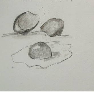 Dessin réaliste d'un œuf cassé et de sa coquille au crayon, ombres et estompe terminées