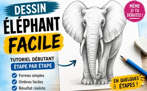 Dessin éléphant facile étape par étape pour débutant avec formes simples, proportions et ombrages au crayon