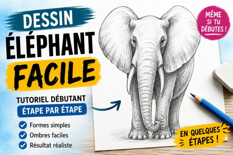 Dessin éléphant facile étape par étape pour débutant avec formes simples, proportions et ombrages au crayon