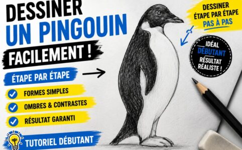 Dessiner un pingouin facilement étape par étape avec formes simples, ombres et contrastes au crayon pour débutant