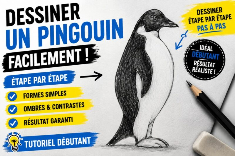 Dessiner un pingouin facilement étape par étape avec formes simples, ombres et contrastes au crayon pour débutant