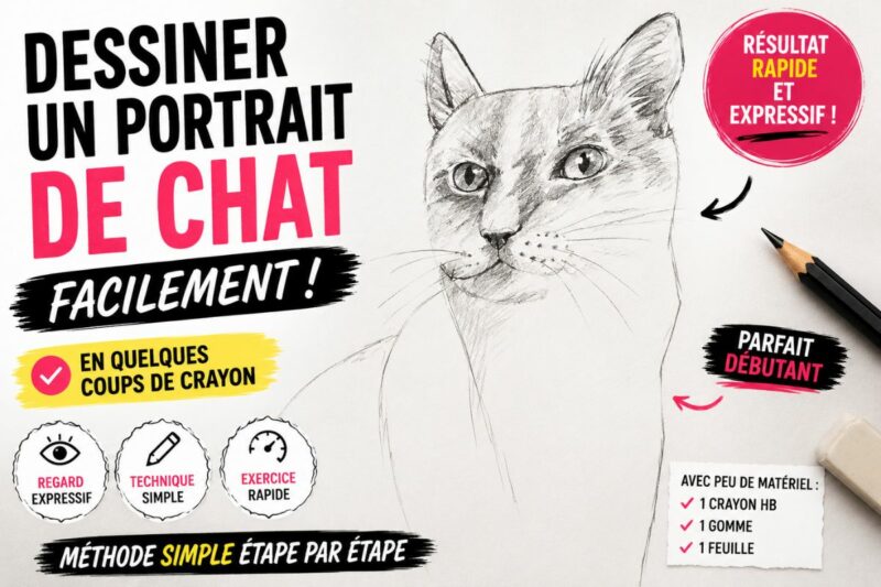Dessiner un portrait de chat facilement au crayon avec hachures, regard expressif et pelage réaliste pour débutant
