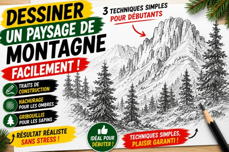 Dessiner un paysage de montagne facilement avec sapins, hachures et techniques simples au crayon pour débutants