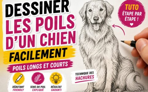 Dessiner les poils d’un chien facilement avec des hachures simples pour représenter poils longs et courts sur un Golden Retriever