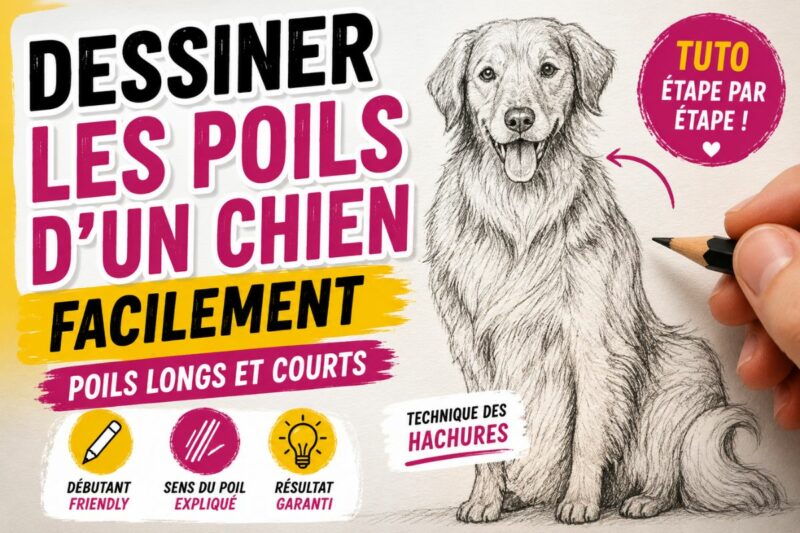 Dessiner les poils d’un chien facilement avec des hachures simples pour représenter poils longs et courts sur un Golden Retriever