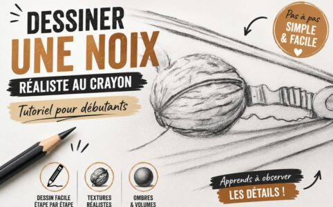 Dessiner une noix réaliste au crayon grâce à un tutoriel simple pour débutants avec travail des textures, ombres et volumes