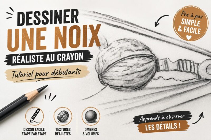 Dessiner une noix réaliste au crayon grâce à un tutoriel simple pour débutants avec travail des textures, ombres et volumes