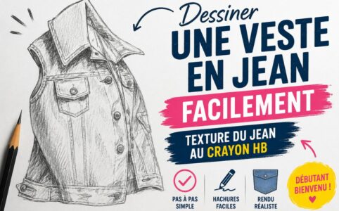 Dessiner une veste en jean facilement avec texture du jean au crayon HB grâce à des hachures simples et un rendu réaliste