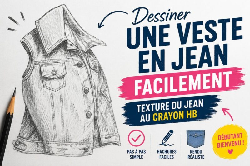 Dessiner une veste en jean facilement avec texture du jean au crayon HB grâce à des hachures simples et un rendu réaliste