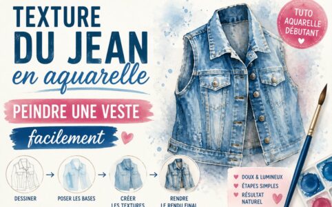 Texture du jean en aquarelle avec veste en denim peinte facilement grâce à un tutoriel aquarelle débutant pas à pas