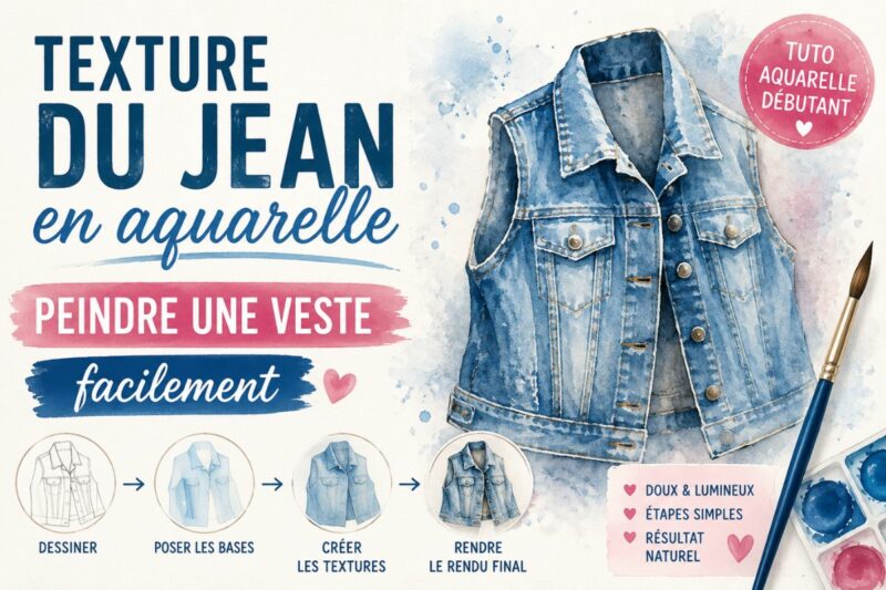 Texture du jean en aquarelle avec veste en denim peinte facilement grâce à un tutoriel aquarelle débutant pas à pas