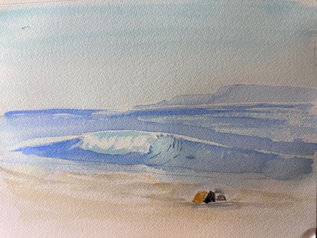 Peinture du rivage et des rochers autour d’une vague en aquarelle