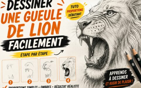 Dessiner une gueule de lion facilement grâce à un tutoriel proportions débutant au crayon avec dents et ombres réalistes