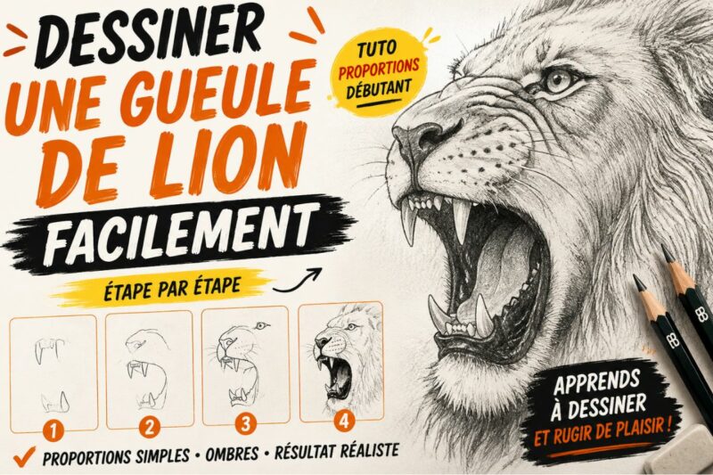 Dessiner une gueule de lion facilement grâce à un tutoriel proportions débutant au crayon avec dents et ombres réalistes