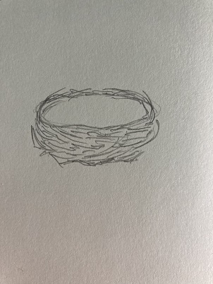 Hachures courbes autour d’un ovale pour suggérer la texture du nid