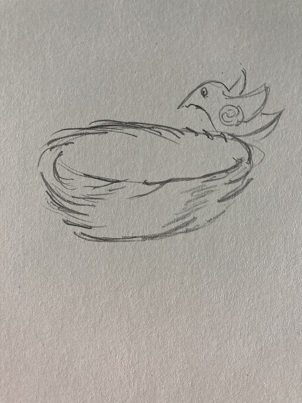 nid dessiné avec un petit oiseau simplifié à côté