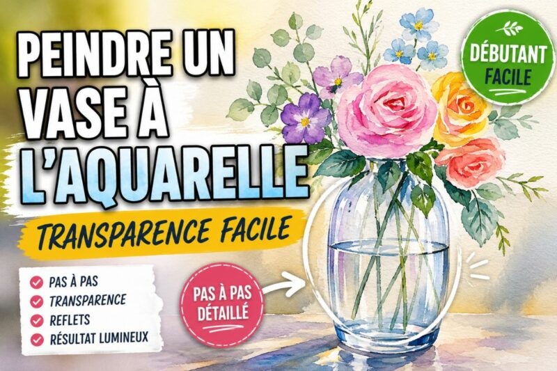 peindre un vase à l’aquarelle avec transparence et reflets faciles bouquet de fleurs rendu lumineux débutant