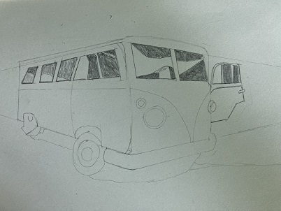 ombres du bus en perspective avec zones sombres et reflets
