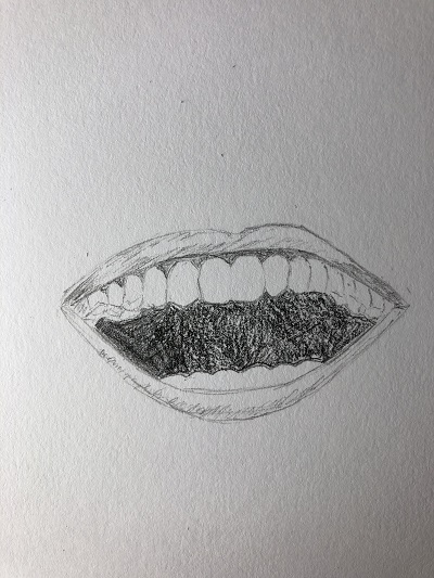 dessin de bouche souriante avec dents visibles, étude de portrait au crayon