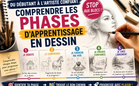 phases apprentissage dessin débutant progression artistique de novice à artiste confiant illustration étapes dessin
