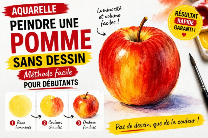 peindre une pomme à l’aquarelle sans dessin facile débutant dégradé rouge et jaune avec volume et lumière