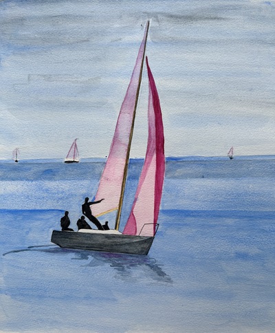 Voilier dans une mer calme, capturé à l’aquarelle.