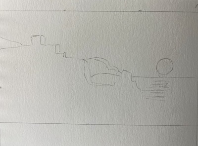 dessin simple d’un paysage de mer avec soleil et rochers à l’aquarelle